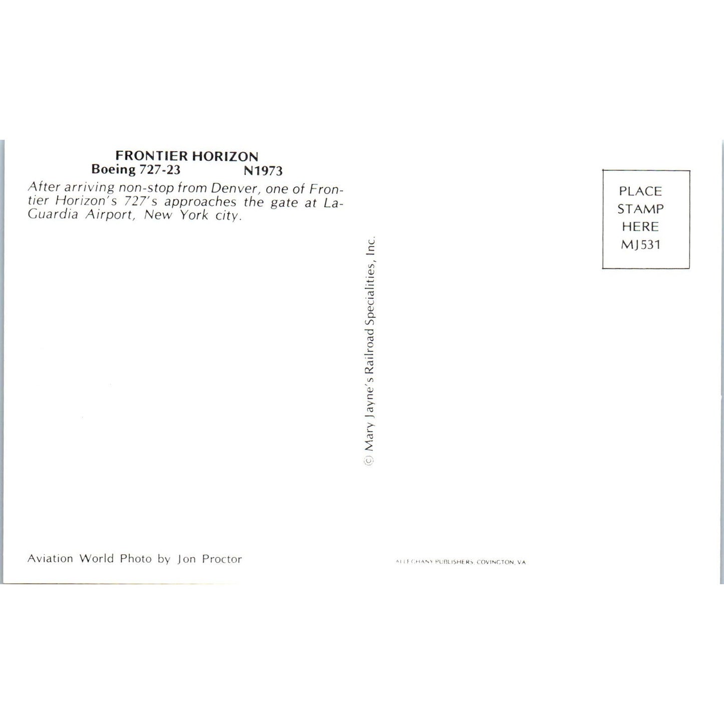 Frontier Horizon Boeing 727-23 N1973 Vintage Postcard TG8-PC