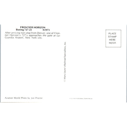 Frontier Horizon Boeing 727-23 N1973 Vintage Postcard TG8-PC