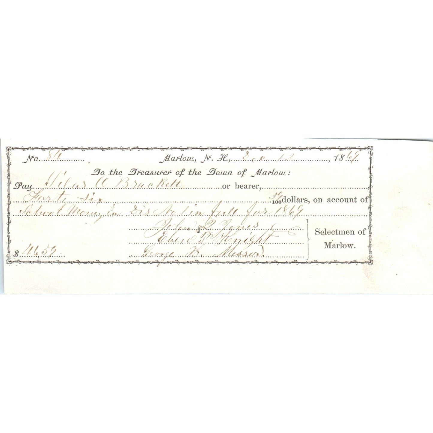 1869 Marlow NH Silas Brackett John Jones George Messer Receipt Letterhead AF2-A3