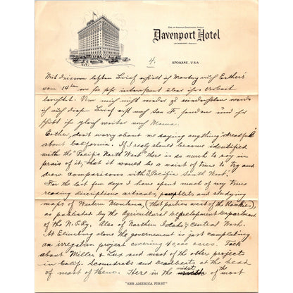 1927 Original Handwritten 5 Page Letter Davenport Hotel Letterhead Spokane WA C7