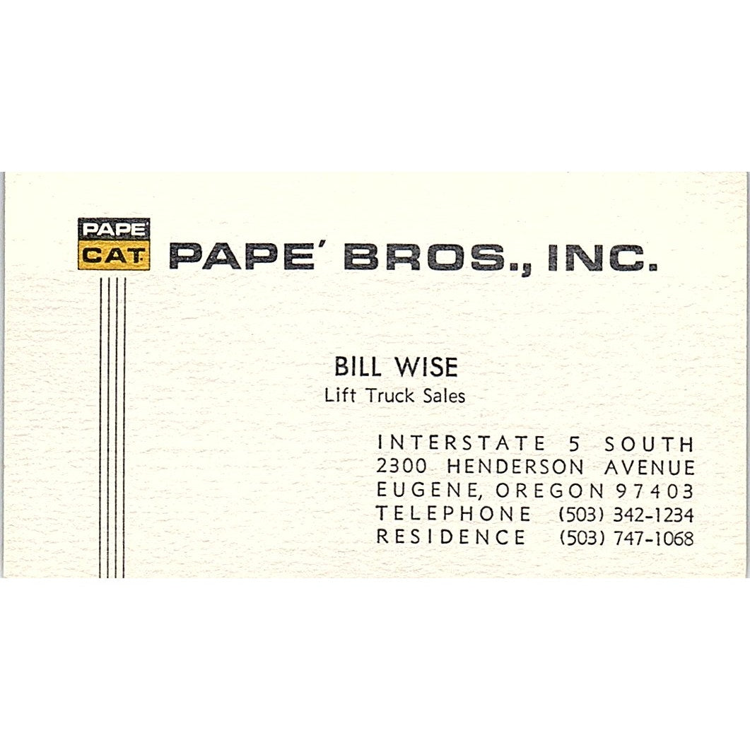 Pape' Bros Inc. Bill Wise Eugene Oregon Vintage Business Card SB4-B4