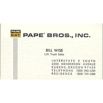 Pape' Bros Inc. Bill Wise Eugene Oregon Vintage Business Card SB4-B4