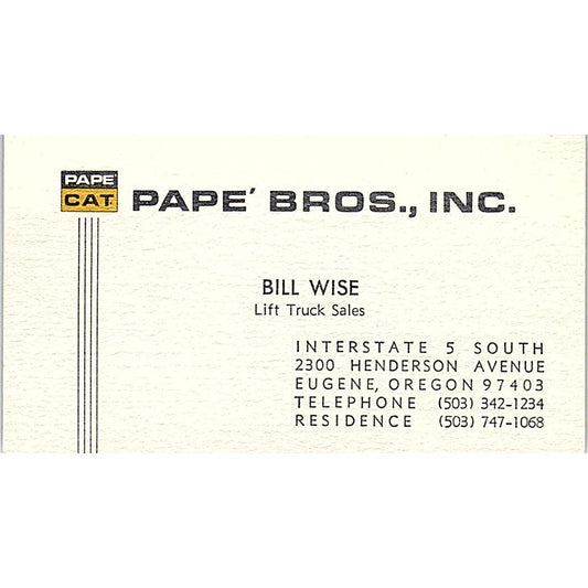Pape' Bros Inc. Bill Wise Eugene Oregon Vintage Business Card SB4-B4