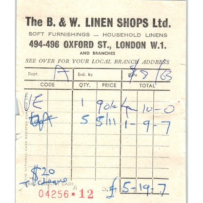 1960s The B&W Linen Shops Ltd London England Letterhead Receipt AF7-E10