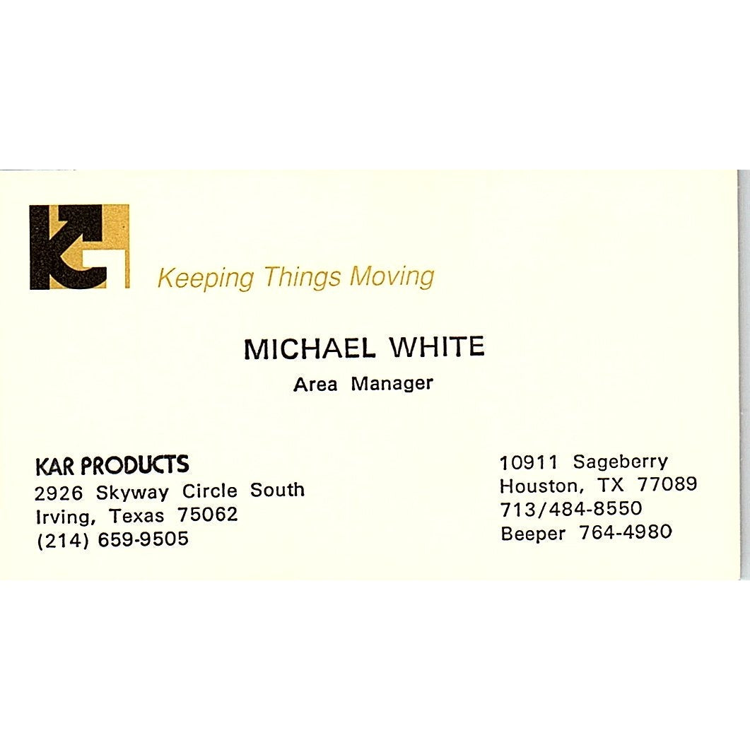 Michael White Kar Products Irving, Houston TX Vintage Business Card SD9-B13