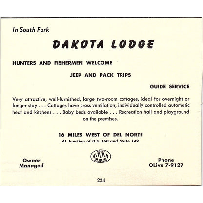 Monarch Motor Lodge Salida, Dakota Lodge South Fork CO 1958 Ad AG1-H2