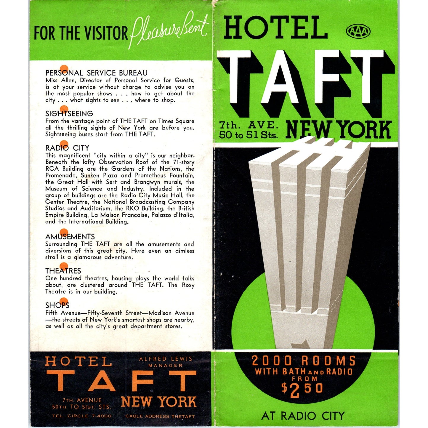 1940 Hotel Taft New York Fold Out Travel Map and Brochure AF7-E9