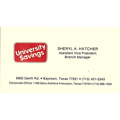 University Savings Sheryl Hatcher Baytown Texas Vintage Business Card SB4-B10