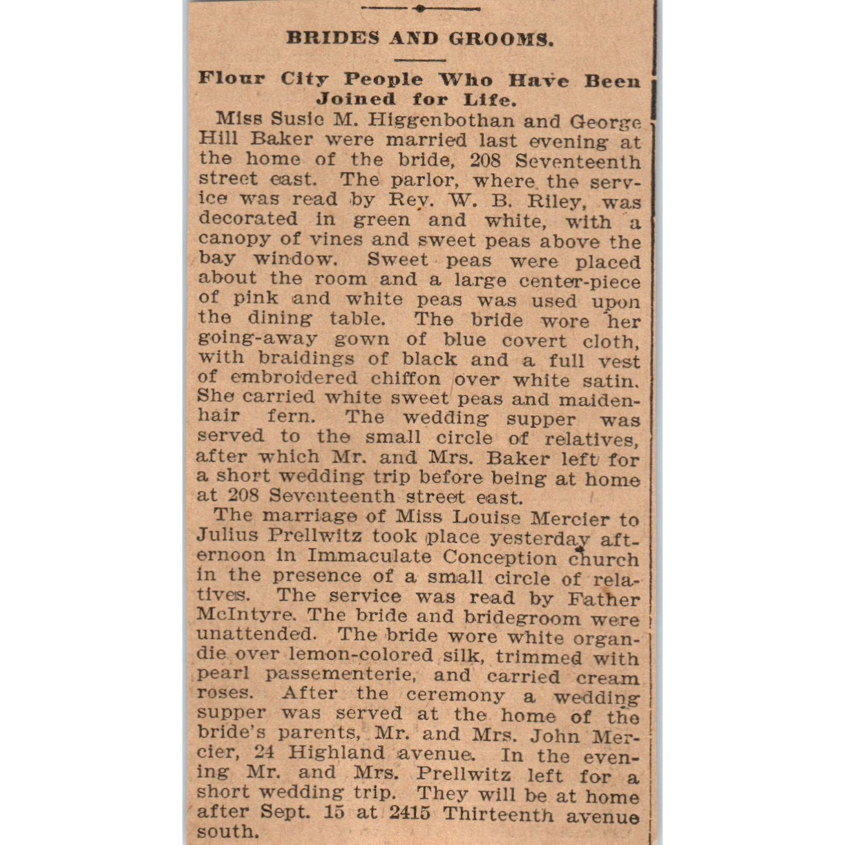 George Hill Baker, Julius Prellwitz Wedding Announcements St. Paul 1898 AF2-Q1