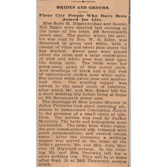 George Hill Baker, Julius Prellwitz Wedding Announcements St. Paul 1898 AF2-Q1