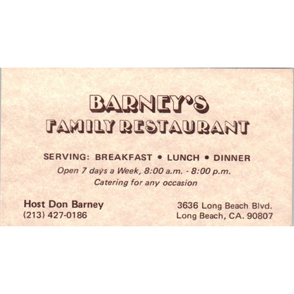 Don Barney's Family Restaurant Long Beach CA Vintage Business Card SD8-B6