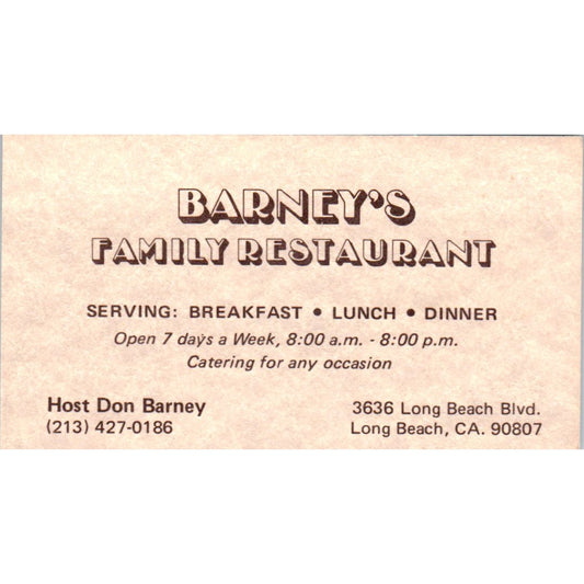 Don Barney's Family Restaurant Long Beach CA Vintage Business Card SD8-B6