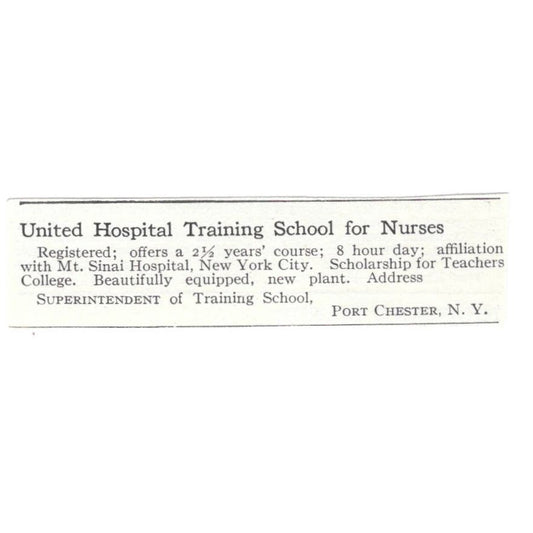 United Hospital Training School for Nurses Port Chester NY c1918 Ad AE5-SV1