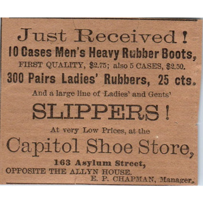 Capitol Shoe Store Slippers E.P. Chapman Hartford 1886 Newspaper Ad AF7-E5