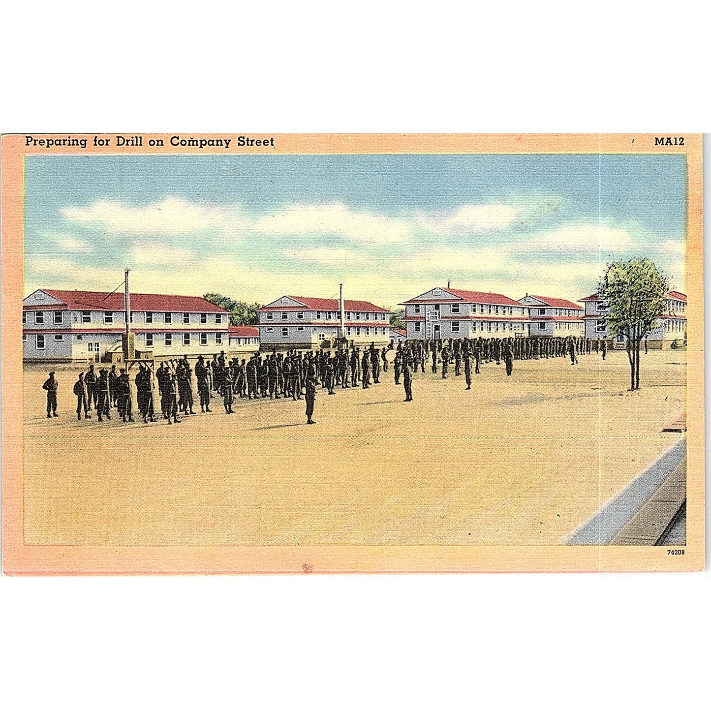 1940s WWII Preparing for Drill on Company Street Army Vintage Postcard PE7