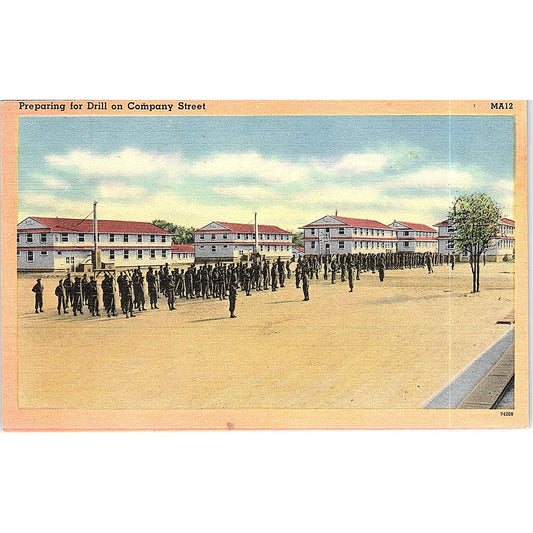 1940s WWII Preparing for Drill on Company Street Army Vintage Postcard PE7