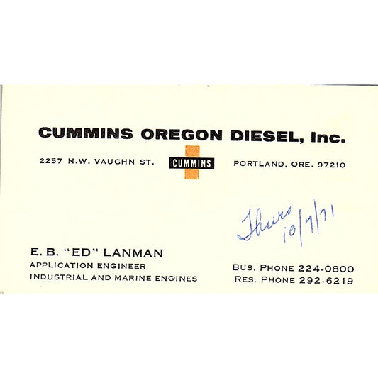 Cummins Oregon Diesel EB ED Lanman Portland Oregon Vintage Business Card SB4-B6