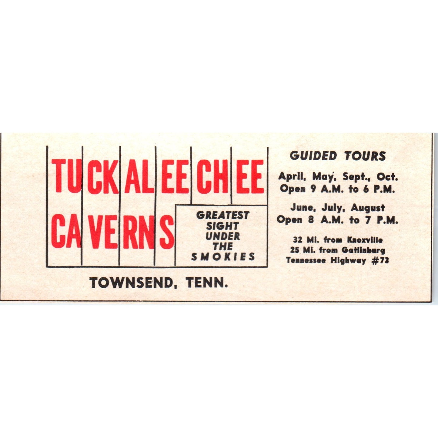 Tuckaleechee Caverns Townsend TN 1973 Magazine Ad AD8-B9