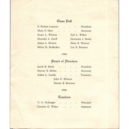 1919 East Lampeter High School Commencement Program Bird-In-Hand M.E. Church D21