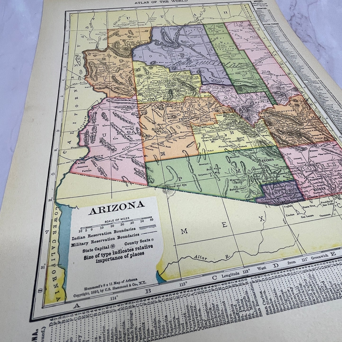 Original Antique Map of Arizona From 1910 Atlas V14-7