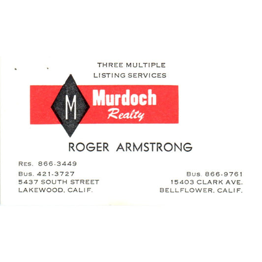 Roger Armstrong Murdoch Realty Bellflower Lakewood Vintage Business Card SD8-B1