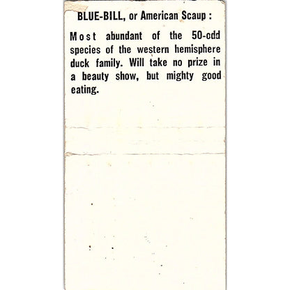 Blue Bill or American Scaup Duck Collectible Vintage Matchbook Cover SC7-Y3