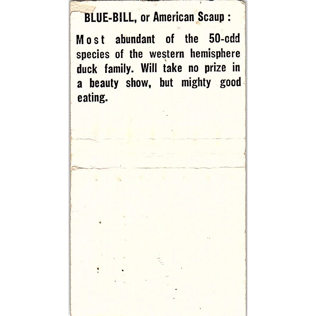 Blue Bill or American Scaup Duck Collectible Vintage Matchbook Cover SC7-Y3