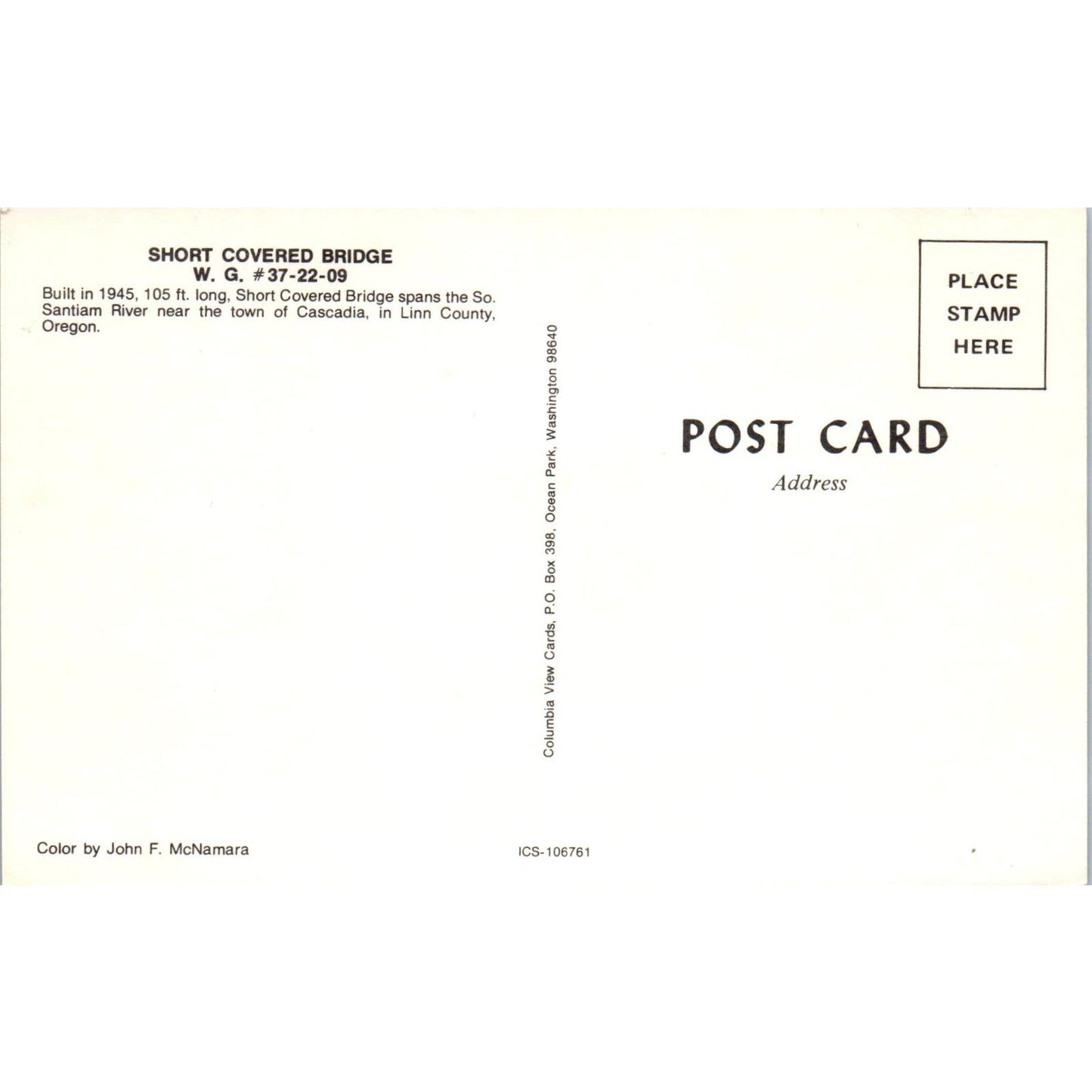 Short Covered Bridge W.G. 37-22-09 Cascadia OR Vintage Bridge Postcard PD6