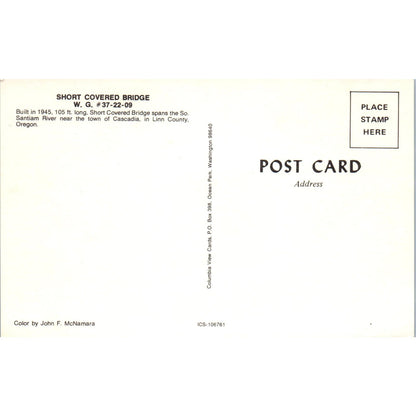 Short Covered Bridge W.G. 37-22-09 Cascadia OR Vintage Bridge Postcard PD6