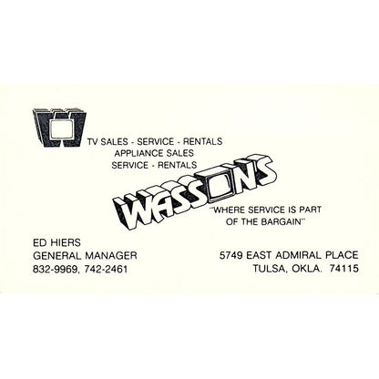 Wasson's Ed Hiers Tulsa OK Vintage Business Card SSB4-B12