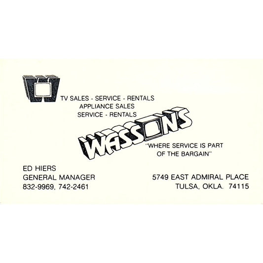 Wasson's Ed Hiers Tulsa OK Vintage Business Card SSB4-B12