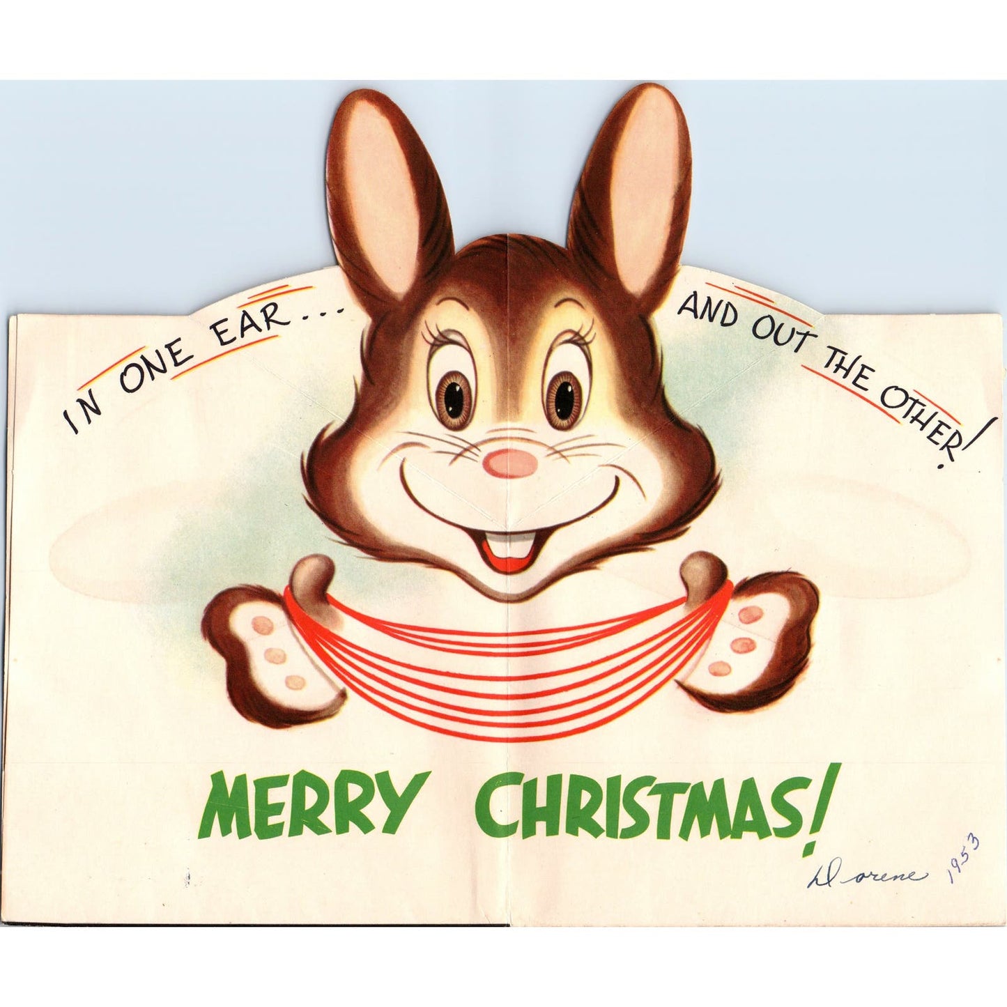 1953 Christmas Pop Up Greeting Card Bunny in Rocking Chair Kitten Yarn AE2