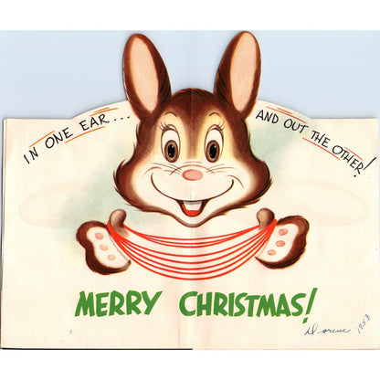 1953 Christmas Pop Up Greeting Card Bunny in Rocking Chair Kitten Yarn AE2