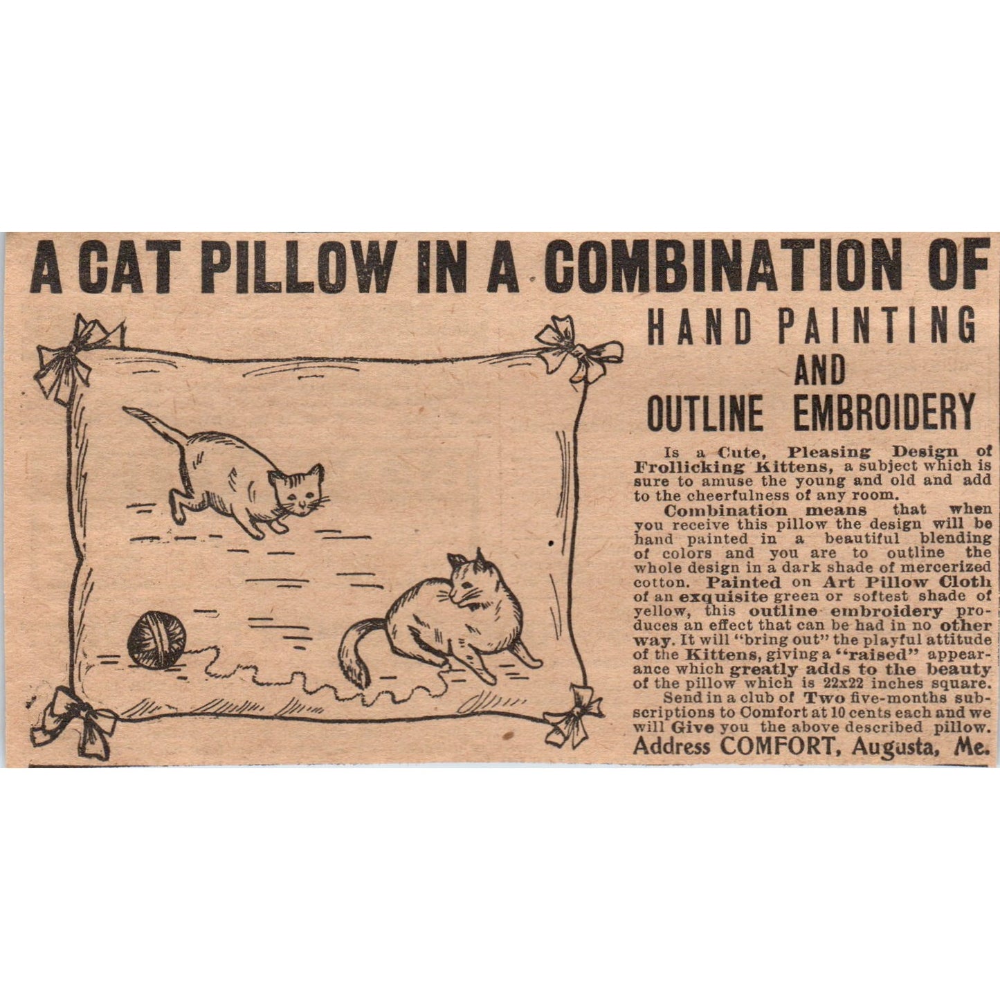 Cat Pillow Embroidered Club Offer Comfort Augusta Maine 1910 Magazine Ad AF1-CM5