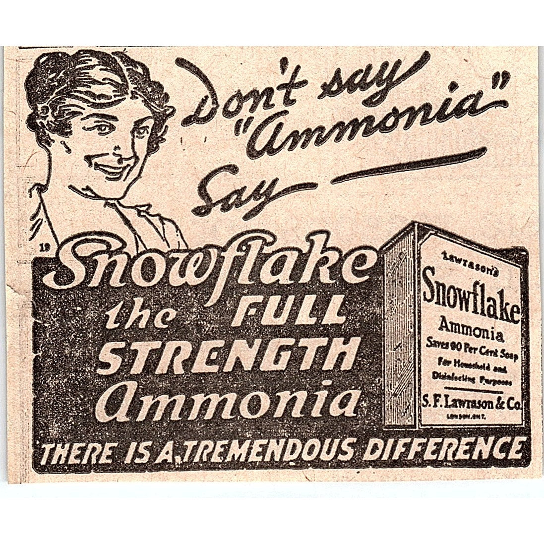 Snowflake Ammonia - S.F. Lawson & Co London Ontario 1920 Ad AG2-M7