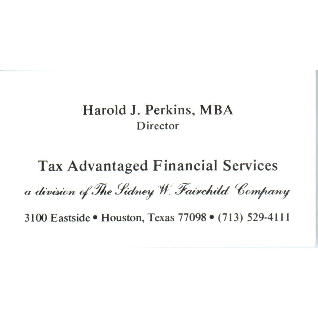 Harold J. Perkins Financial Services Houston TX Vintage Business Card SD8-B9