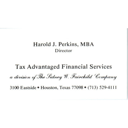 Harold J. Perkins Financial Services Houston TX Vintage Business Card SD8-B9