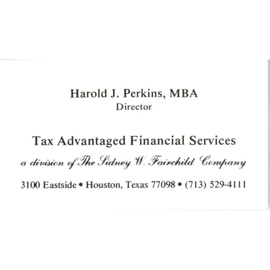 Harold J. Perkins Financial Services Houston TX Vintage Business Card SD8-B9