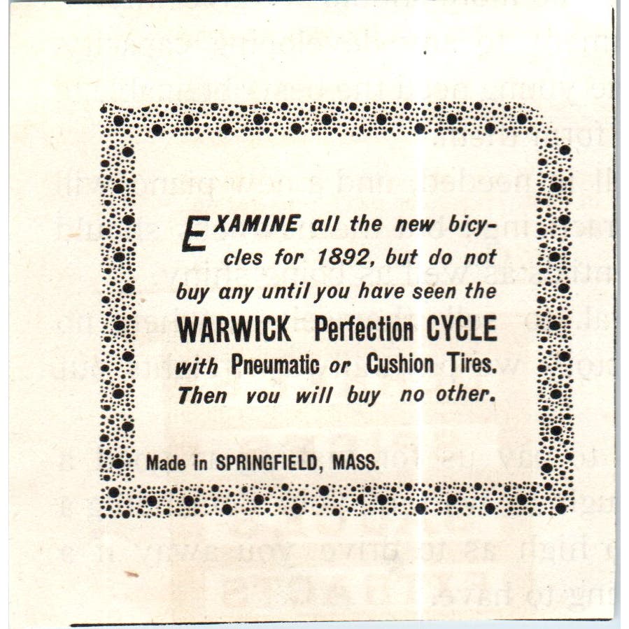 Warwick Perfection Cycle Bicycle Tires Springfield MA c1890 Victorian Ad AE8-CH9