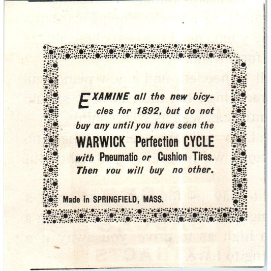 Warwick Perfection Cycle Bicycle Tires Springfield MA c1890 Victorian Ad AE8-CH9