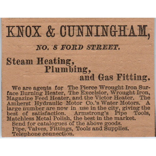 Knox & Cunningham Heating & Plumbing 1886 Hartford CT Victorian Ad AB8-HT1