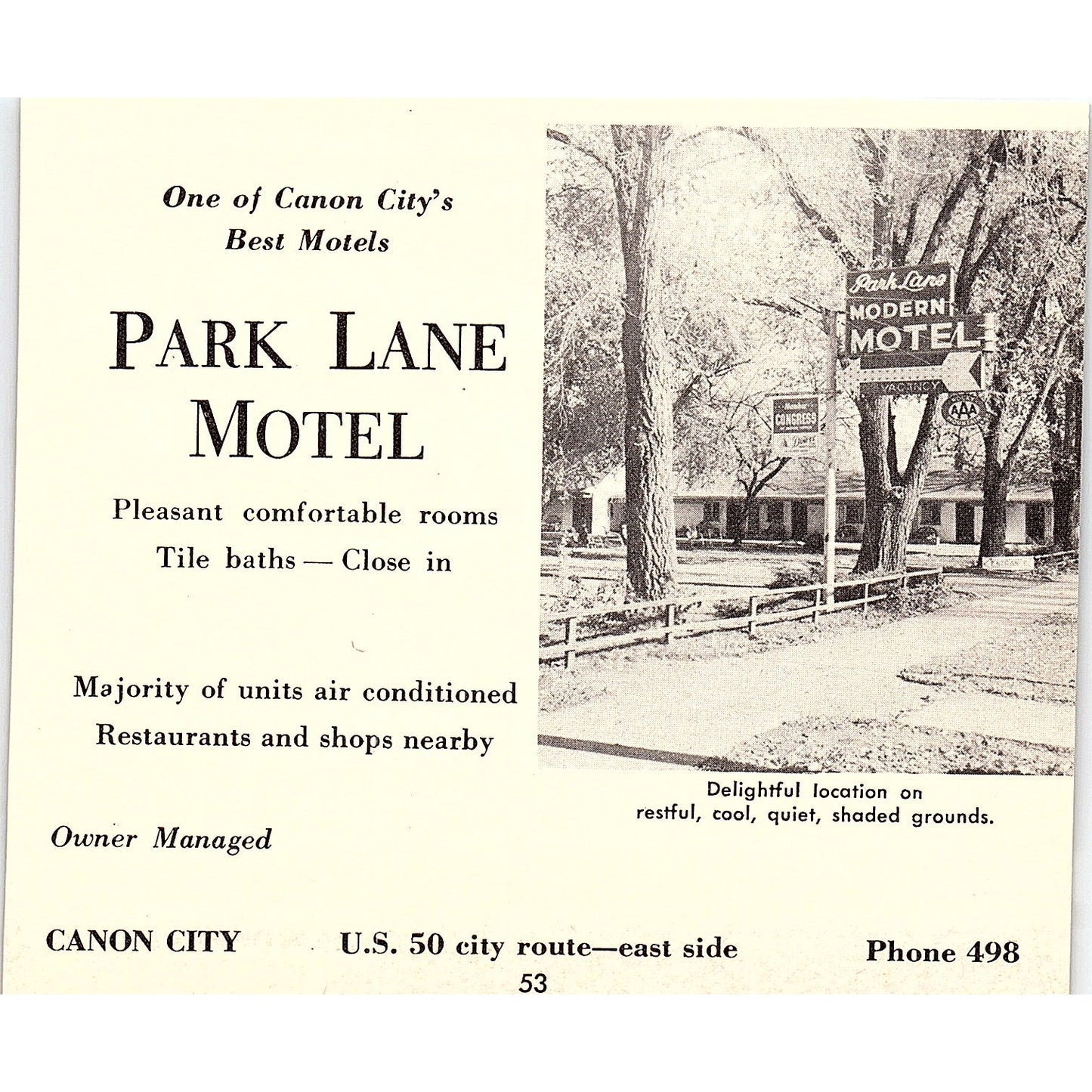 Park Lane Motel, Parkview Motel Canon City CO 1958 Ad AG1-H2