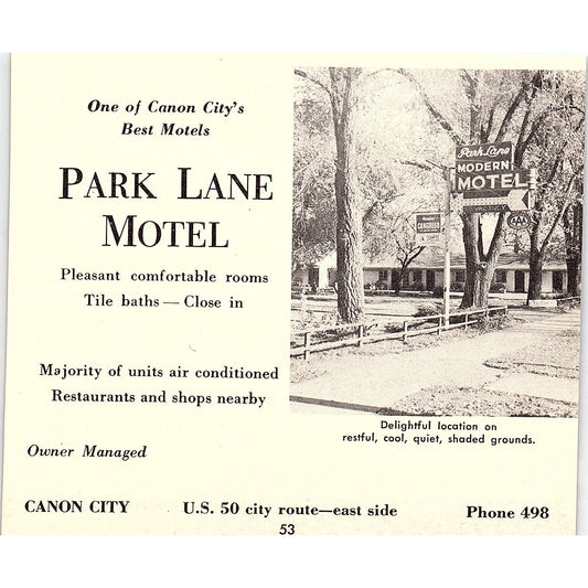Park Lane Motel, Parkview Motel Canon City CO 1958 Ad AG1-H2