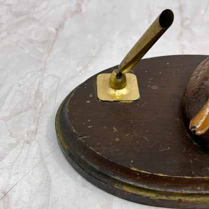 Vintage Hand Carved Mallard Duck Wood and Brass Desk Pen Holder Caddy TF4