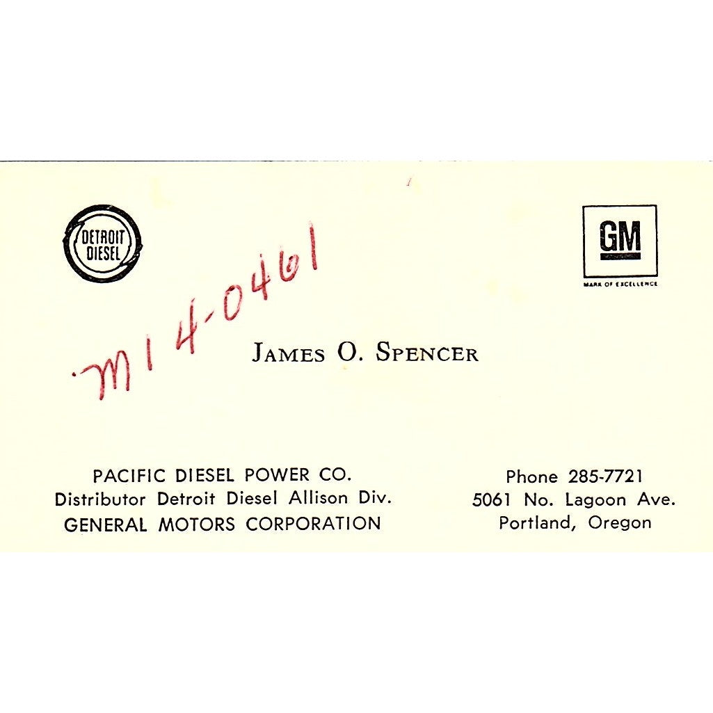 Pacific Diesel Power Co. James O. Spencer Portland Oregon Business Card SB4-B5