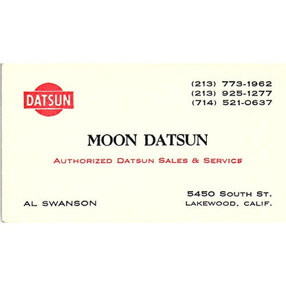 Al Swanson Moon Datsun Lakewood CA Vintage Business Card SD9-B9
