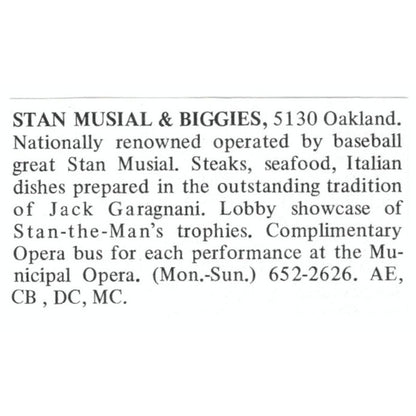 Stan Musial & Biggies Restaurant St. Louis 1971 Magazine Ad AD8-O1