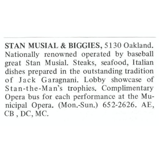 Stan Musial & Biggies Restaurant St. Louis 1971 Magazine Ad AD8-O1