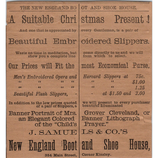 J. Samuels & Co Boot and Shoe House 1886 Hartford CT Victorian Ad AB8-HT1