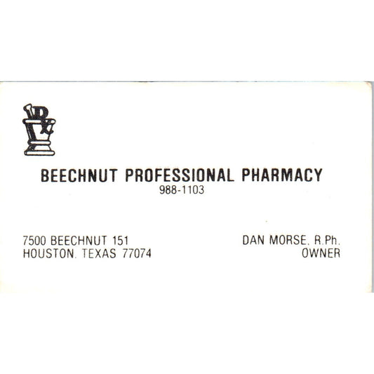 Beechnut Professional Pharmacy Dan Morse Houston Vintage Business Card SD8-B15
